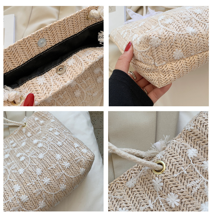 カゴバッグ 花刺繍リボン付きナチュラルトート