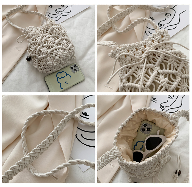 カゴバッグ 手編み風マクラメ模様の巾着型ショルダーバッグ