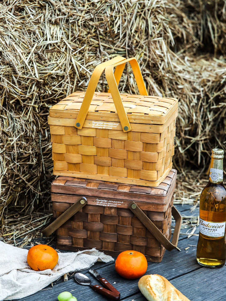 カゴバッグ 天然素材編み込み蓋付きピクニック収納籠