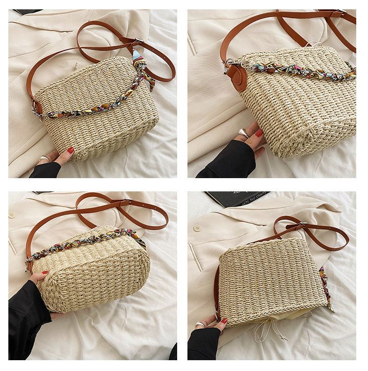 カゴバッグ スカーフ飾り付き編み込みハンドバッグ型かごバッグ