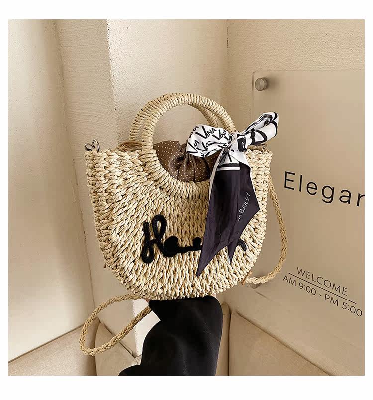 カゴバッグ スカーフ付き巾着型編み込みカゴバッグ