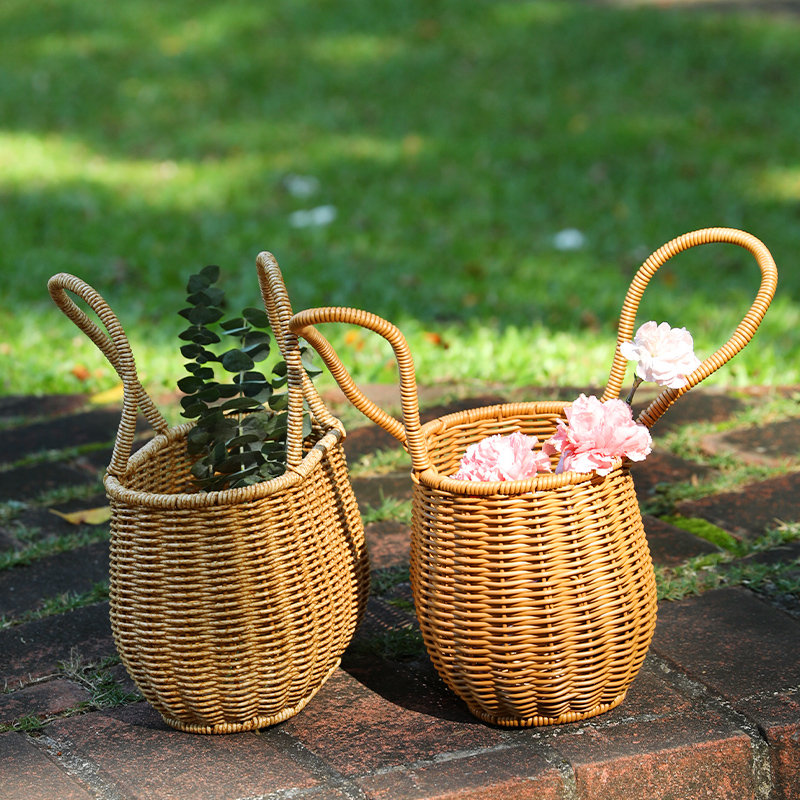 カゴバッグ 天然素材編み込み丸型持ち手付きかごバッグ