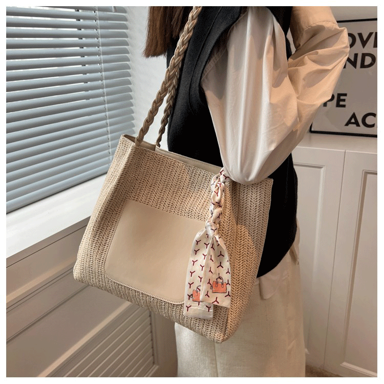 カゴバッグ ヘリンボーン編み革ポケット付きカゴバッグ