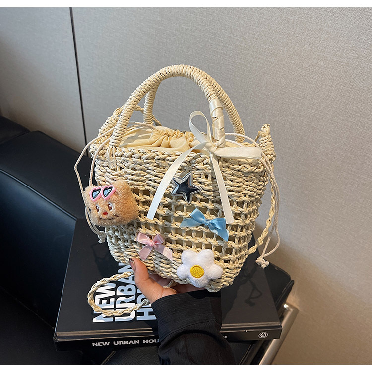 カゴバッグ カゴバッグ かわいい装飾付き籐編みミニバッグ