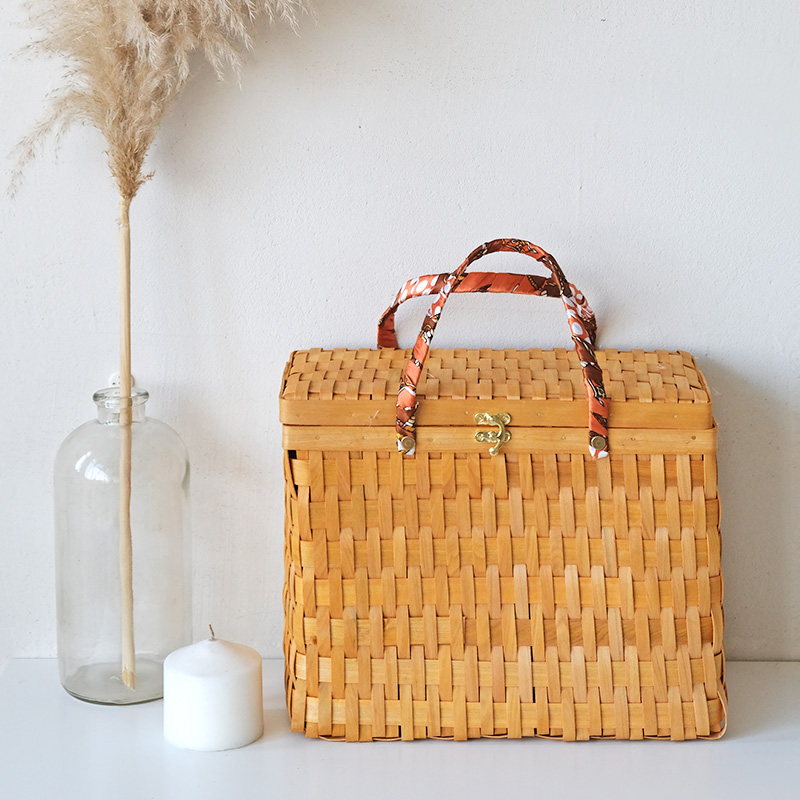 カゴバッグ 天然素材編み込み蓋付きピクニックかごばん