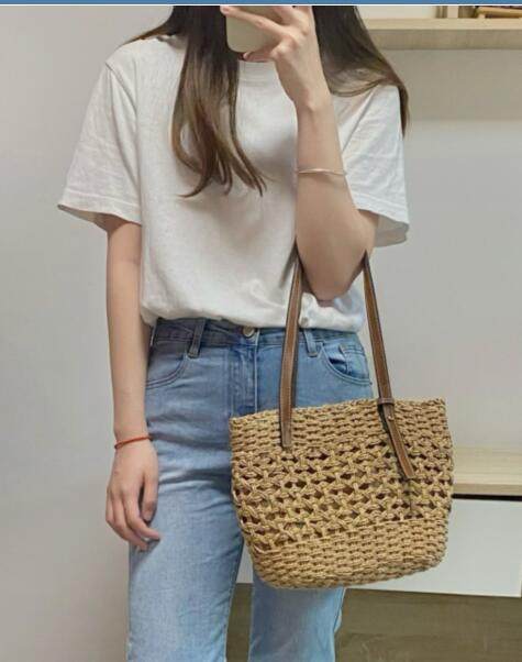 カゴバッグ 透かし編みナチュラルハンドル付きカゴバッグ