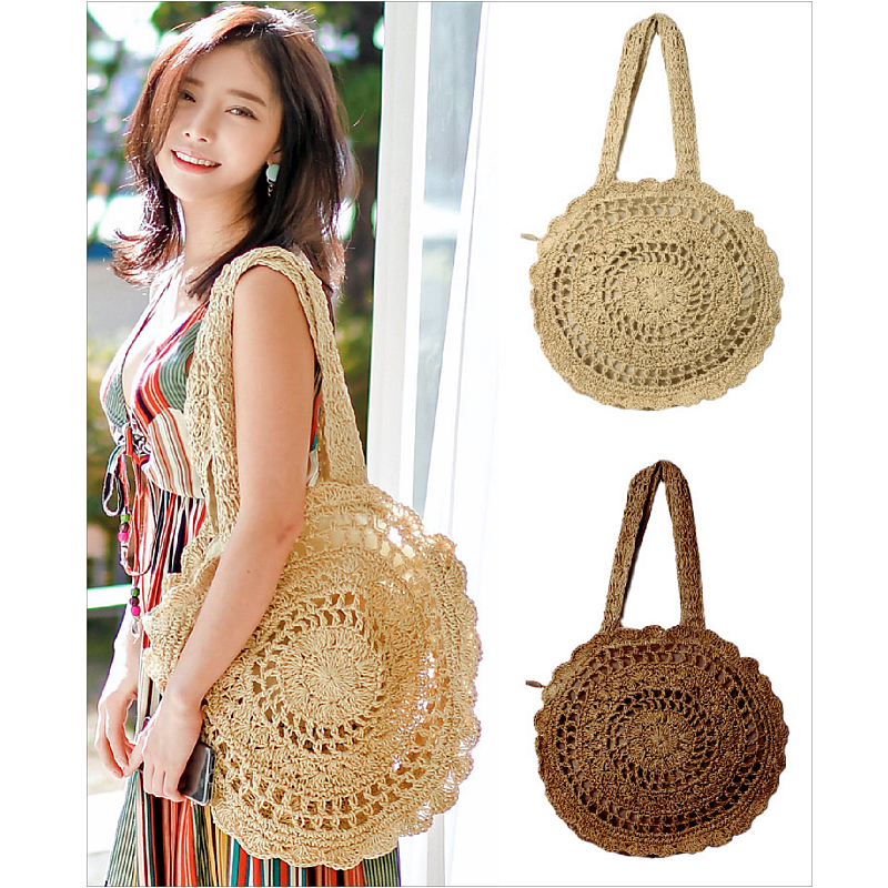 カゴバッグ 手編み風かぎ針編み円形ショルダーカゴバッグ