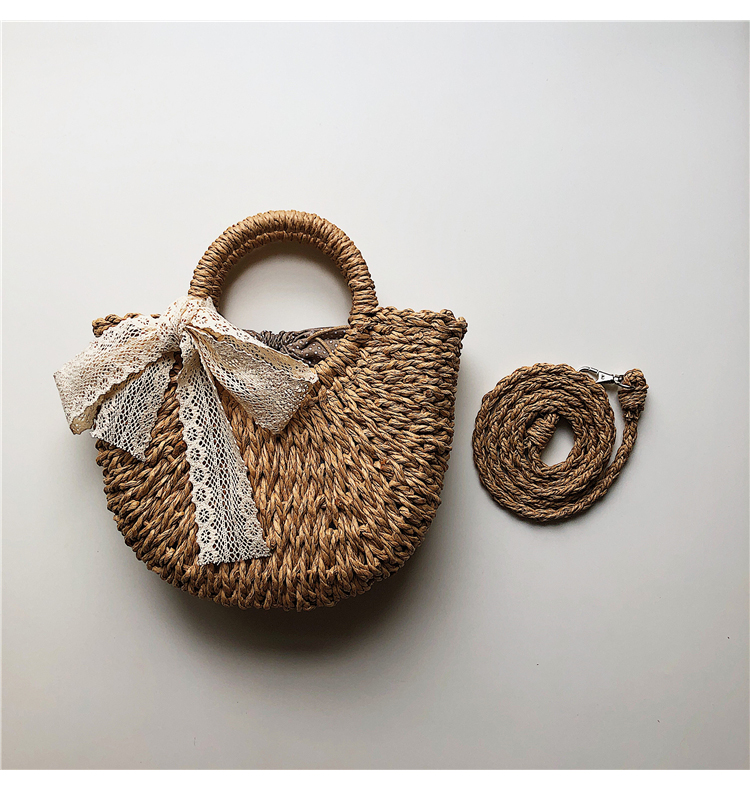 カゴバッグ 真珠チェーン付きレース装飾編み込みかご鞄