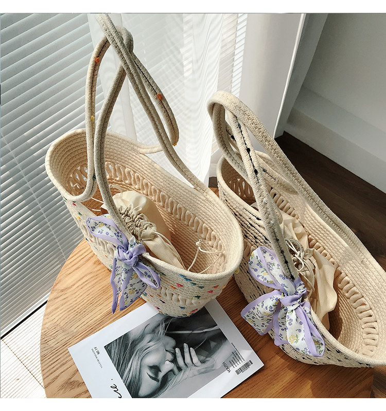 カゴバッグ 花柄リボン付き縄編み大容量かごバッグ