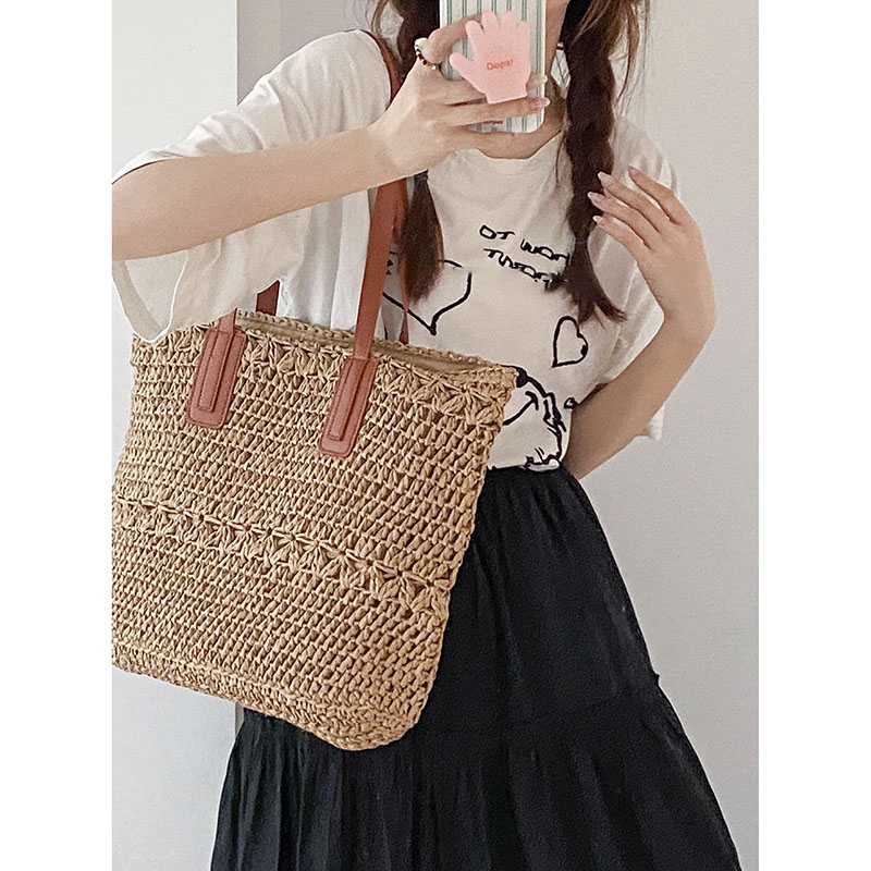 カゴバッグ 異素材編み切り替えデザイン手提げかごバッグ