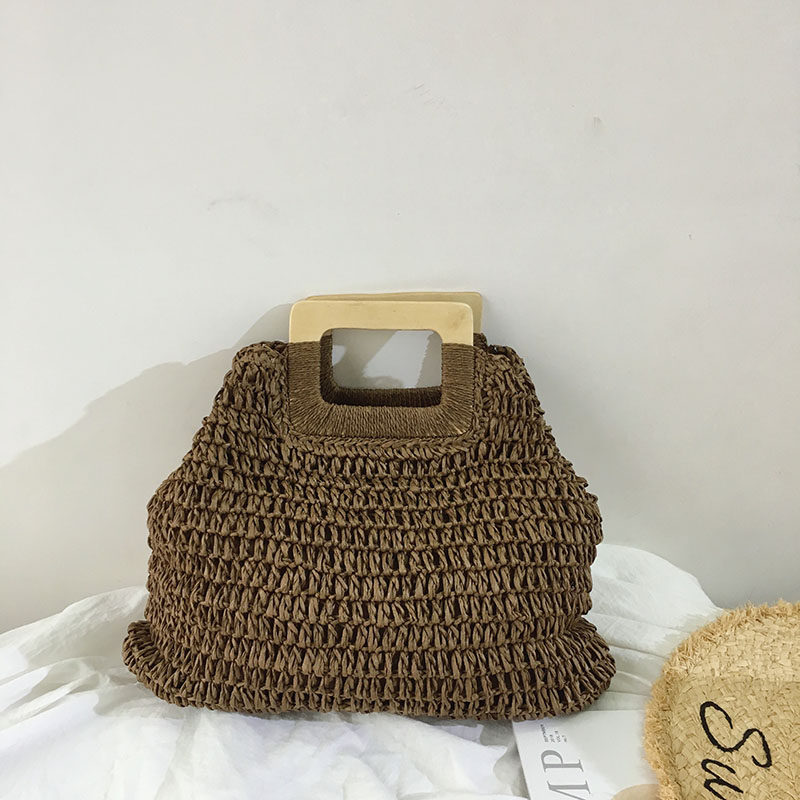 カゴバッグ 木製ハンドル付き手編み台形カゴバッグ