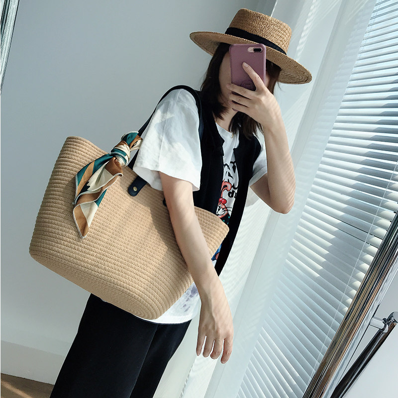 カゴバッグ スカーフ付き大容量編み込みトート