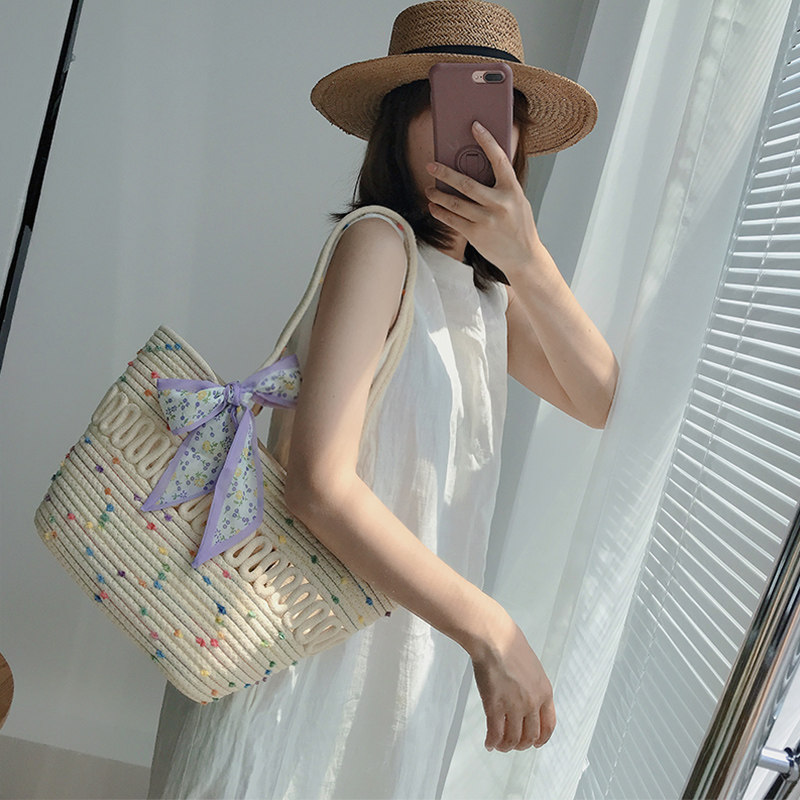 カゴバッグ 花柄リボン付き縄編み大容量かごバッグ