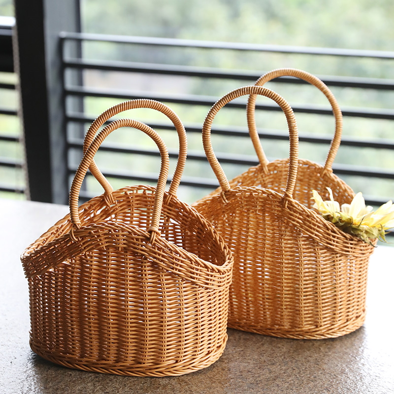 カゴバッグ 天然籐編み丸型持ち手付きバスケット