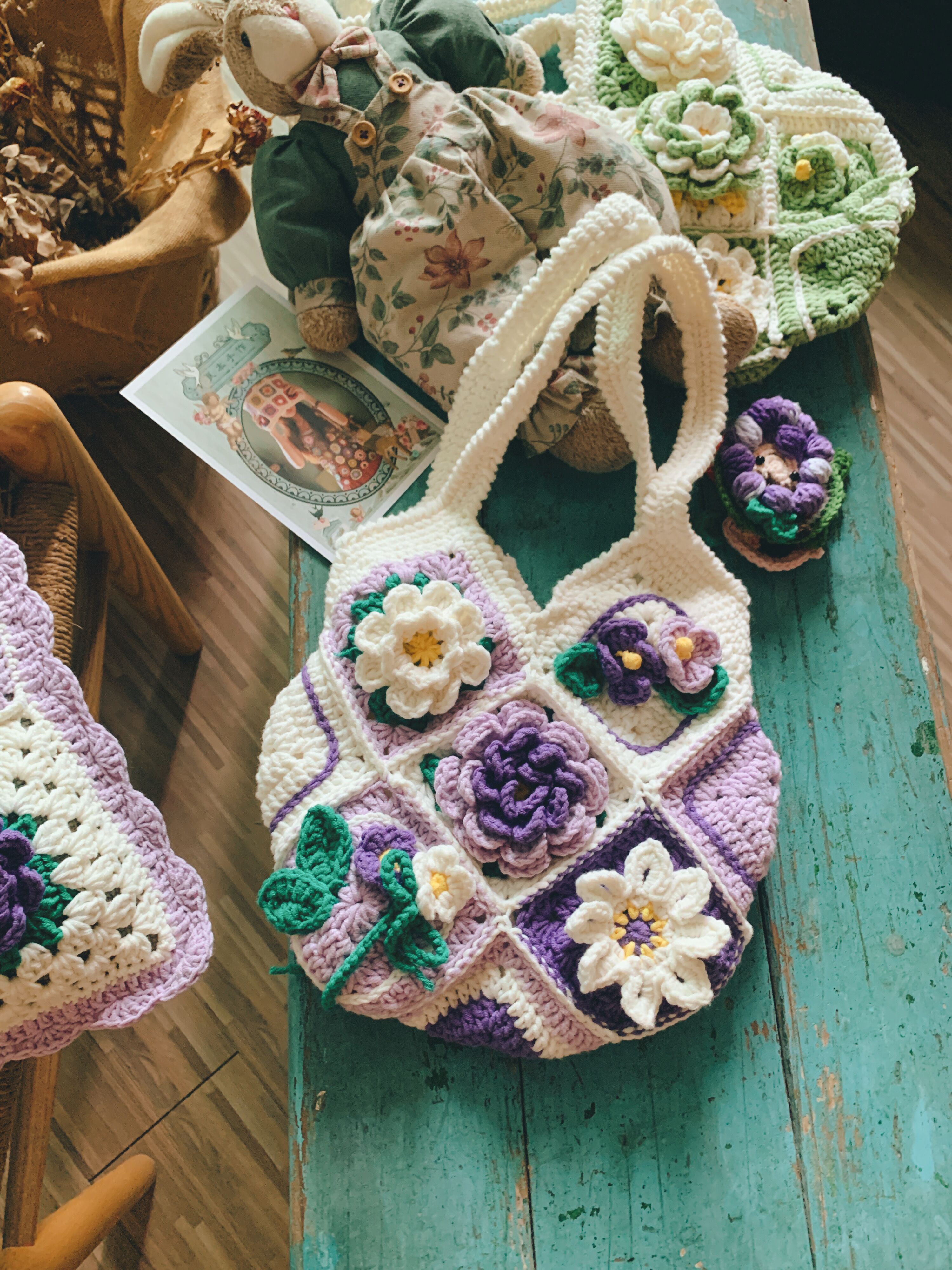 カゴバッグ 手編み花柄モチーフかぎ針編みトートバッグ