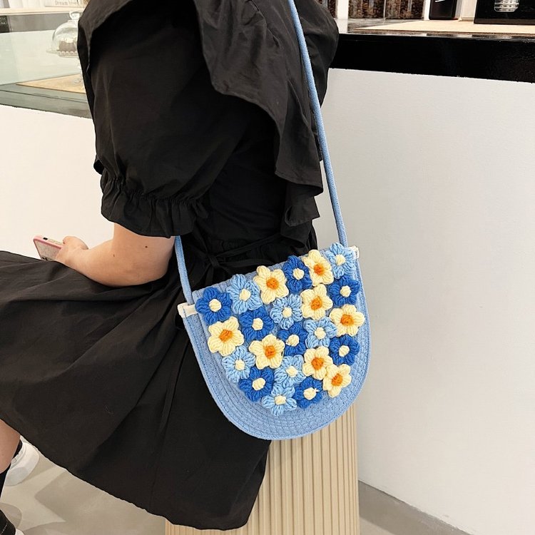カゴバッグ 手編み花モチーフ装飾丸型かご編みショルダーバッグ