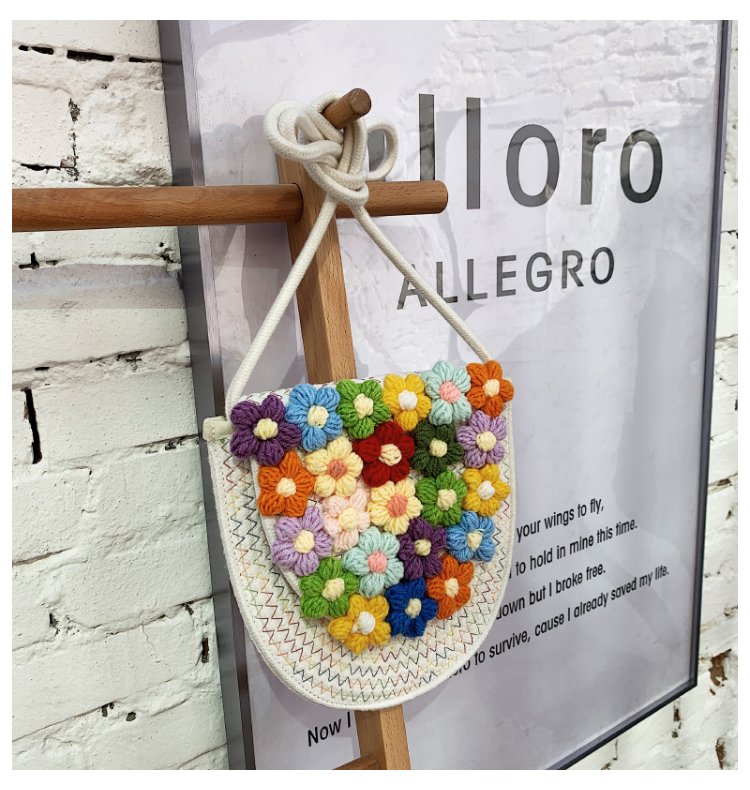 カゴバッグ 花モチーフ刺繍円形ショルダーかごバッグ