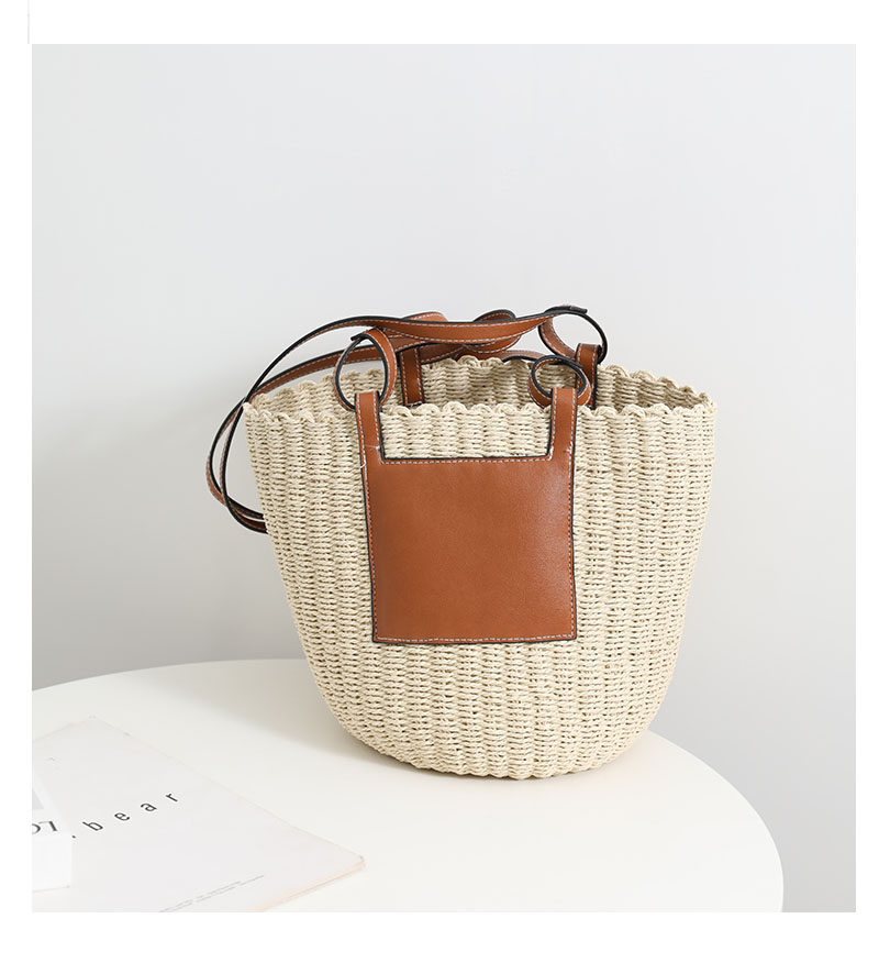 カゴバッグ 天然素材丸型カゴバッグ本革ポケット付きショルダー