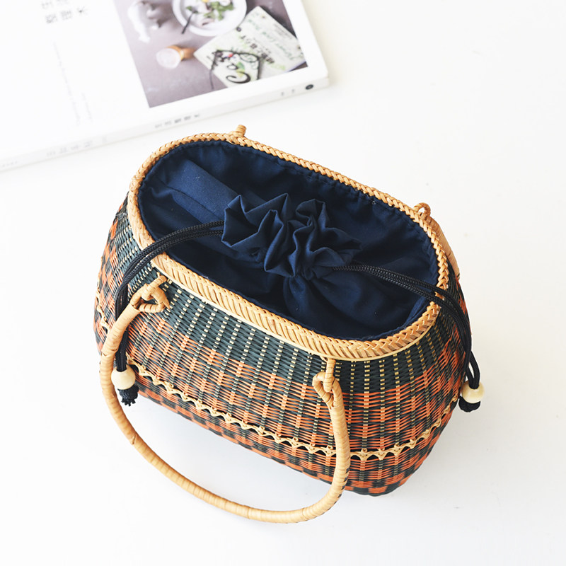 カゴバッグ 民族調幾何学模様編み込みハンドバッグ型かごバッグ