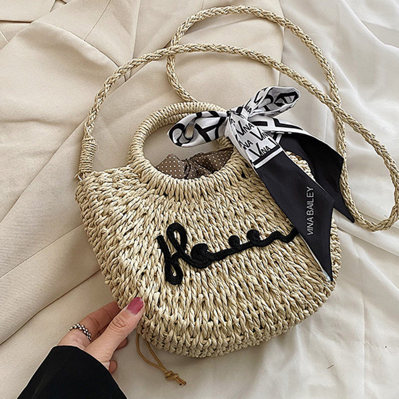 カゴバッグ スカーフ付き巾着型編み込みカゴバッグ