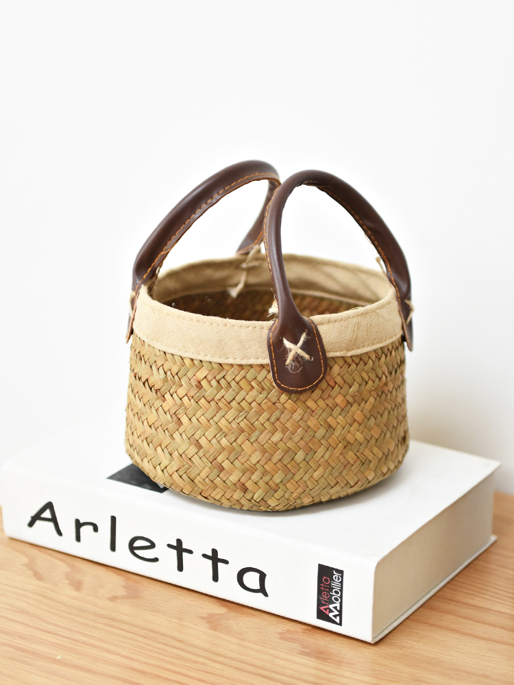 カゴバッグ 天然素材編み込み円筒型ハンドル付きバッグ