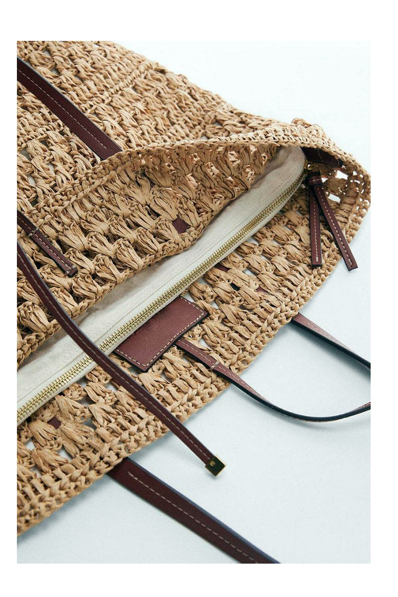 カゴバッグ 透かし編みデザイン本革持ち手トート型かごバッグ