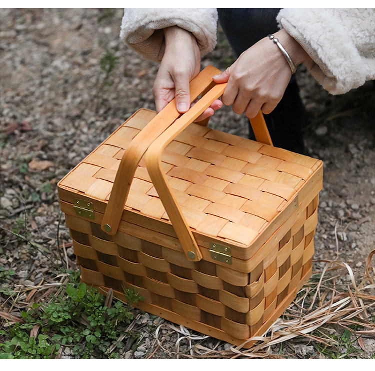 カゴバッグ 天然木編み込み蓋付きピクニック籠