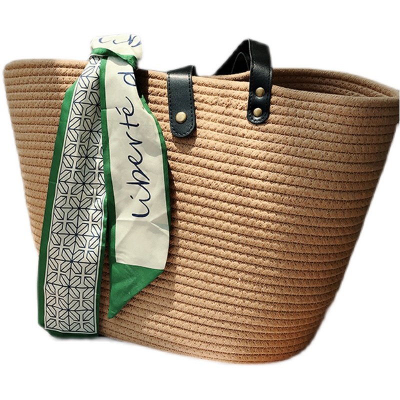 カゴバッグ スカーフ付き大容量編み込みトート