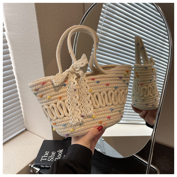 カゴバッグ 麦わら編みレースリボンかごバッグ