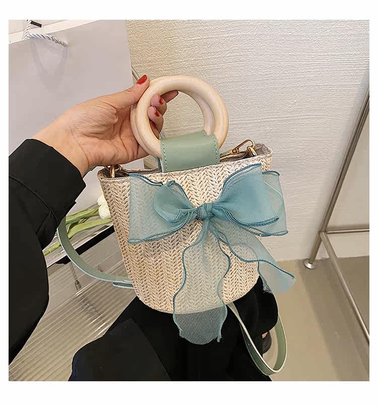 カゴバッグ 木製持ち手のバケツ型シフォンリボン付きカゴバッグ