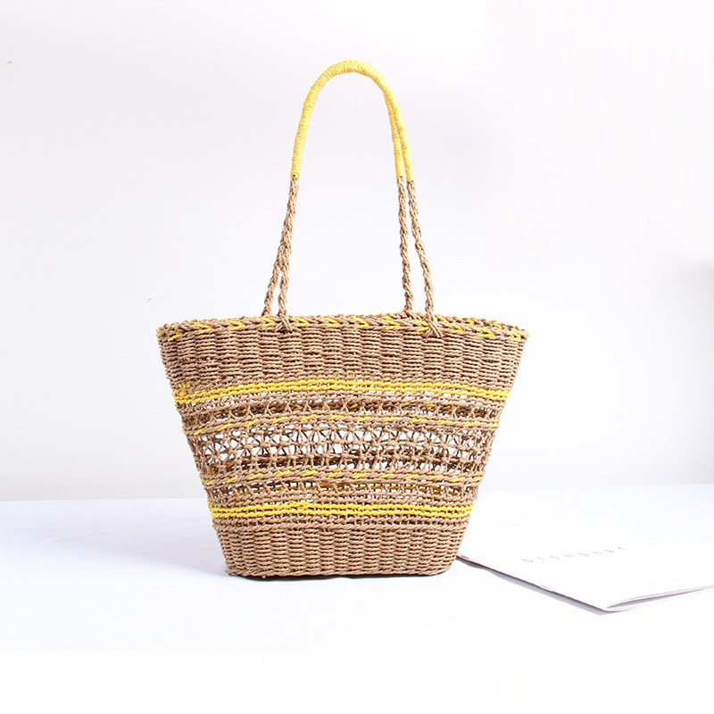カゴバッグ ボーダー編み込み透かし模様のトート型かごバッグ