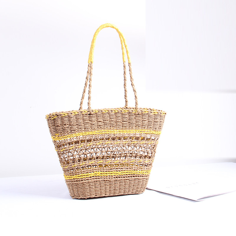 カゴバッグ ボーダー編み込み透かし模様のトート型かごバッグ