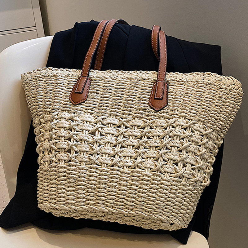 カゴバッグ 透かし編みデザインレザーハンドルトート