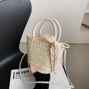 カゴバッグ 編み込み籐製小型持ち手付きリボン装飾手提げかばん