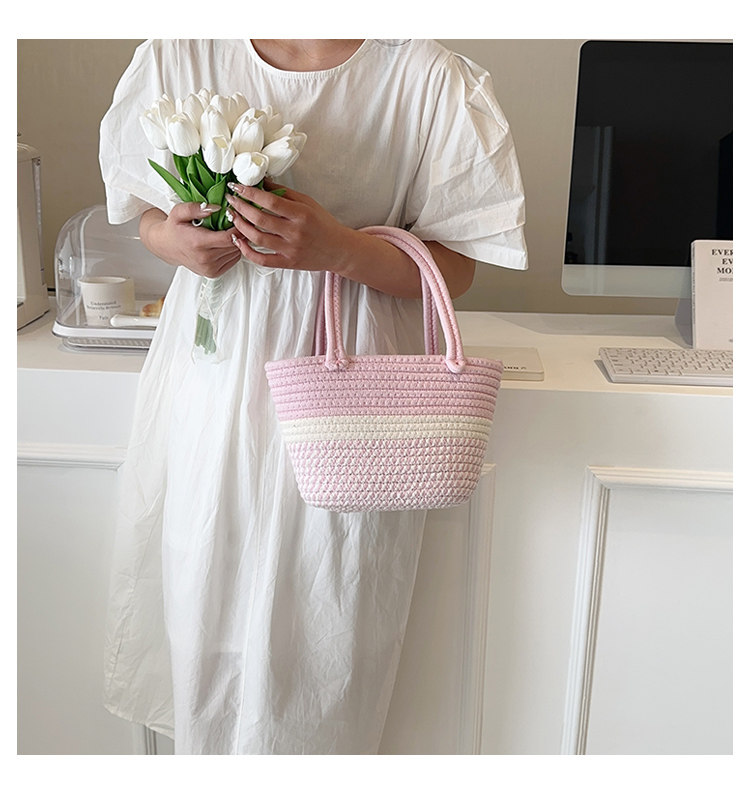 カゴバッグ 編み込みデザイン三段配色トート型カゴバッグ