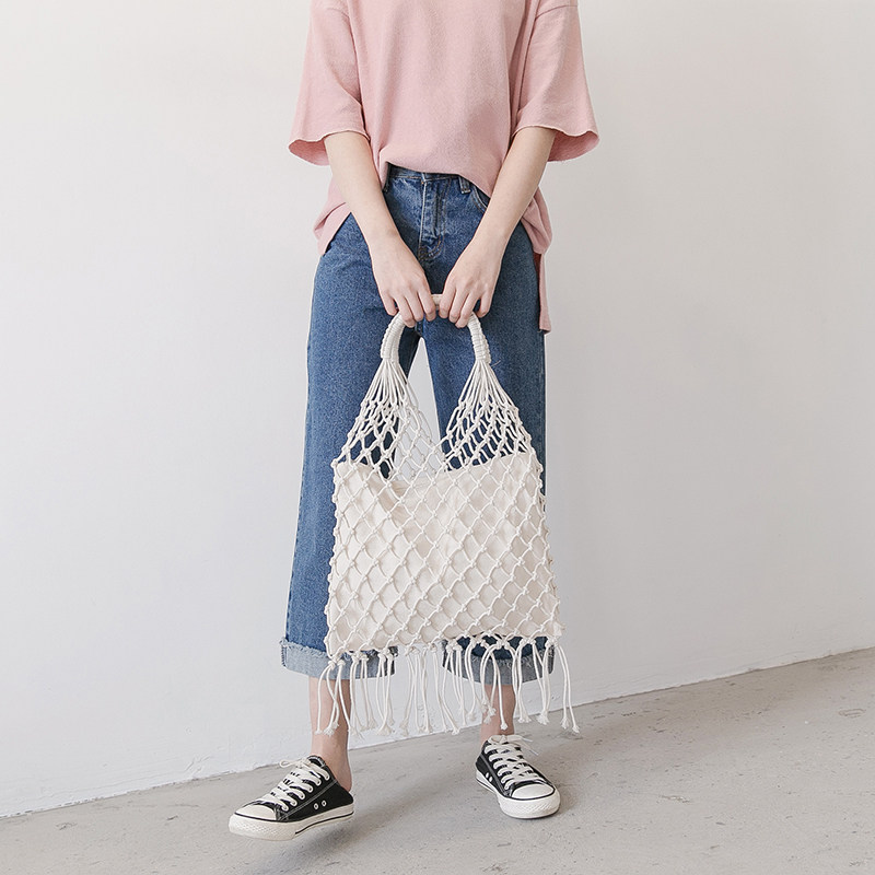 カゴバッグ 網目編みフリンジ付き手提げショルダーバッグ