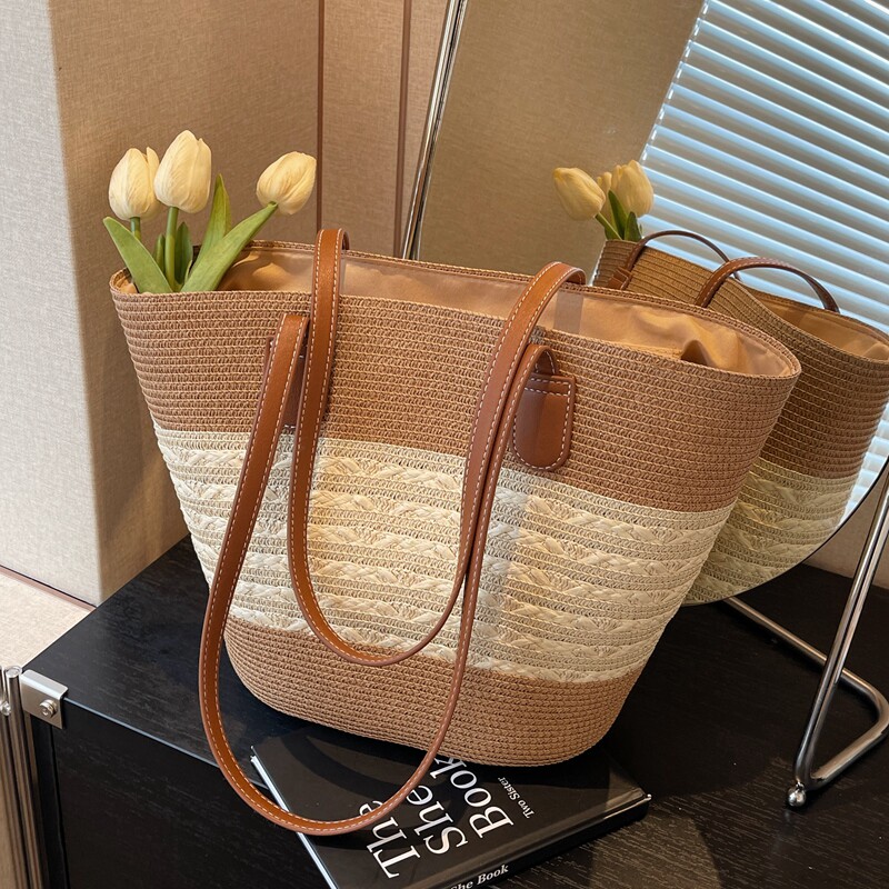 カゴバッグ 横ライン編み込み合皮取っ手付きカゴバッグ