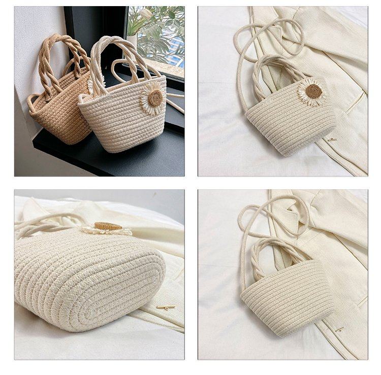 カゴバッグ 花飾り付き編み込み取っ手カゴバッグ