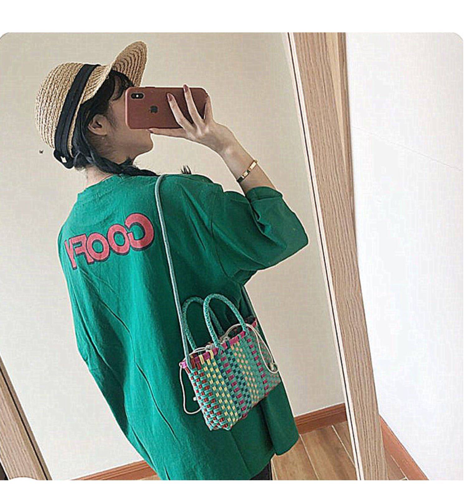 カゴバッグ カラフル縦縞編み込み二通り持ちカゴバッグ