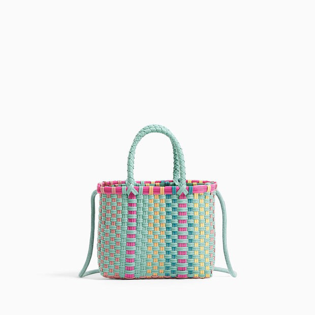 カゴバッグ カラフル縦縞編み込み二通り持ちカゴバッグ