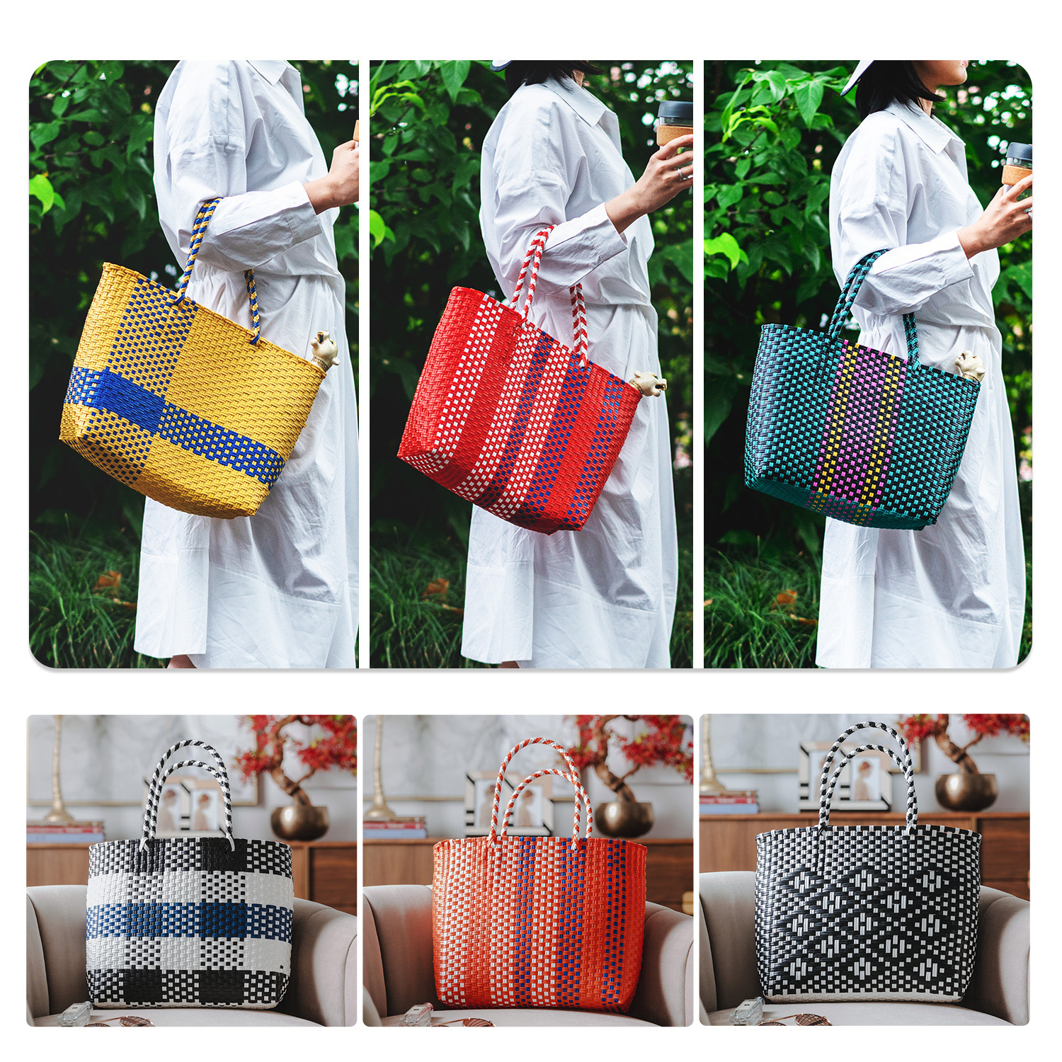 カゴバッグ 手編み市松模様編み込み持ち手カゴバッグ