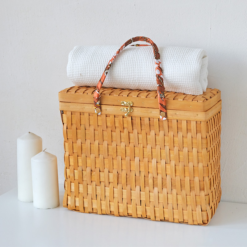 カゴバッグ 天然素材編み込み蓋付きピクニックかごばん