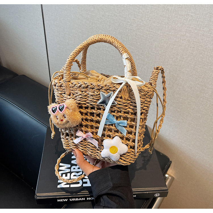 カゴバッグ カゴバッグ かわいい装飾付き籐編みミニバッグ