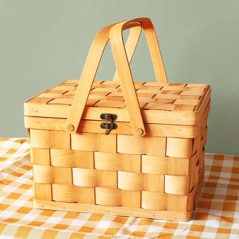 カゴバッグ 天然木材編み込み蓋付きピクニックかご