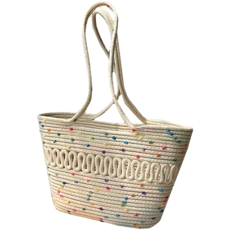 カゴバッグ 花柄リボン付き縄編み大容量かごバッグ