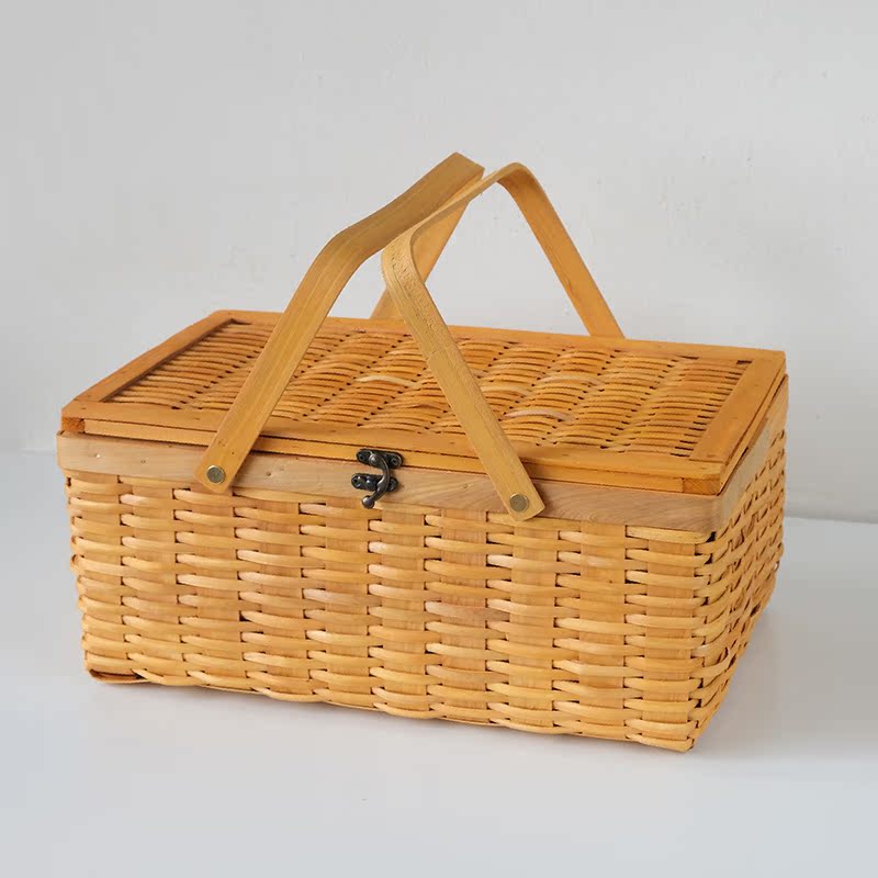 カゴバッグ 手作り風編み込み木製取っ手付きピクニック籠