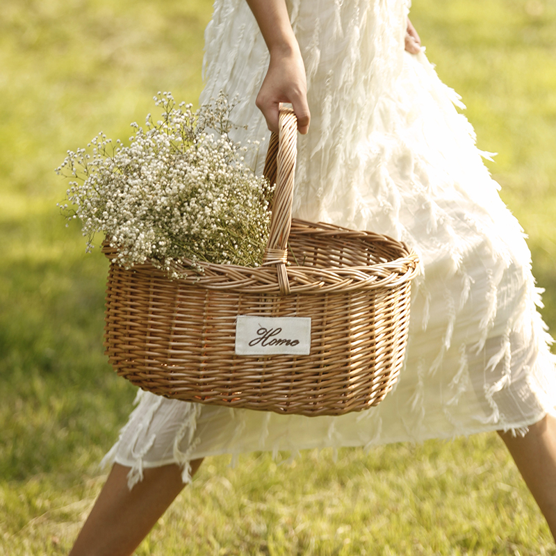 カゴバッグ 天然籐編み持ち手付きピクニックかごバッグ