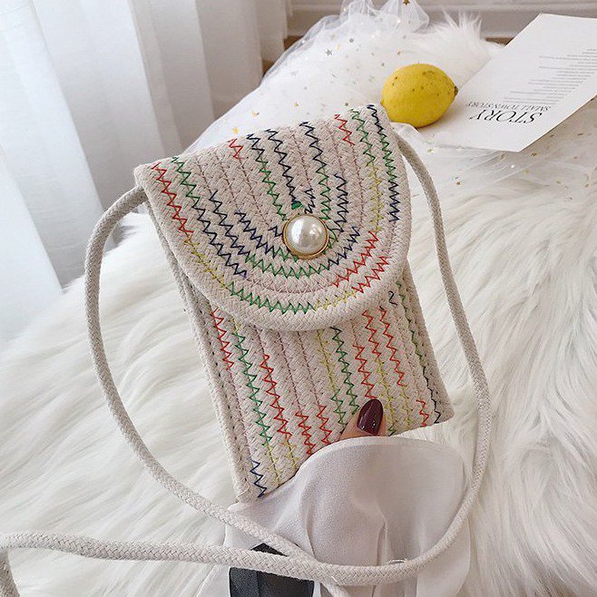 カゴバッグ 編み込み模様パール金具付きミニショルダーバッグ