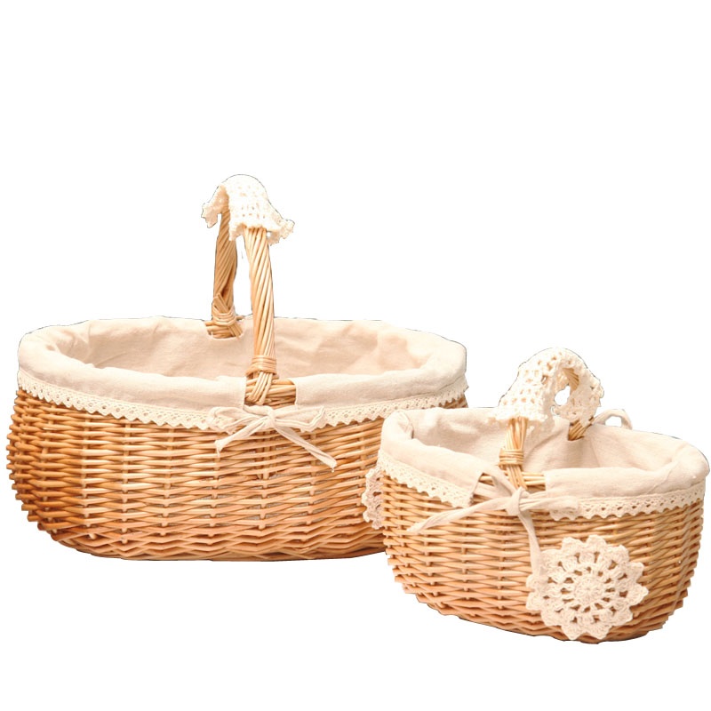 カゴバッグ 手編み籐製レース飾り付きハンドバッグ型かご