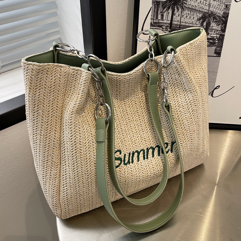 カゴバッグ 夏文字刺繍入りヘリンボーン編み大容量手提げかご